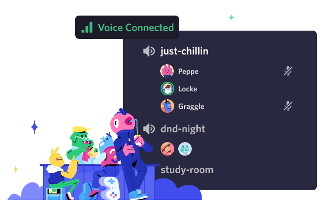 Painel de canais de voz com personagens animados e conexão ativa em 'Voice Connected'